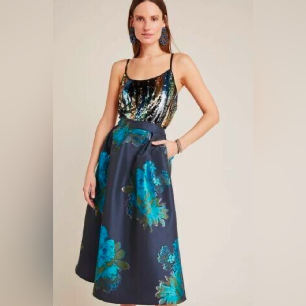 Anthropologie Maeve black and blue floral jacquard skirt